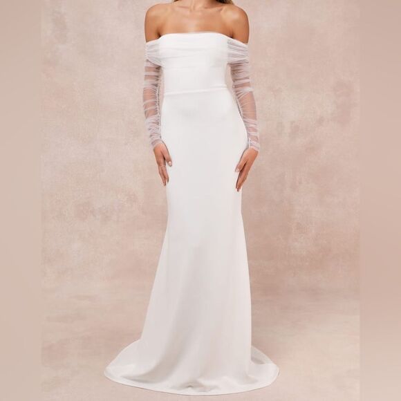 NWT Lulus Beautifully Beloved White Mesh Off-the-Shoulder Maxi Wedding Dress M - Picture 1 of 10